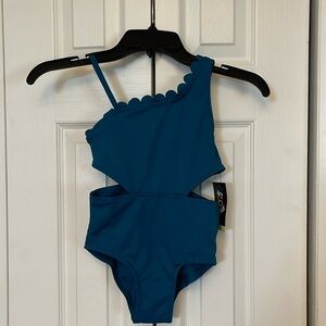Girls Art Class Teal Blue Scalloped Cut Out Bathing Suit
